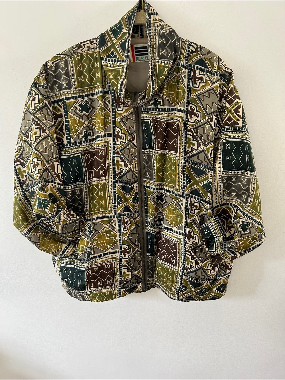 Vintage EVR Silk Jacket Aztec Olive/Brown Lightweight Zip-Front Shoulder Pads